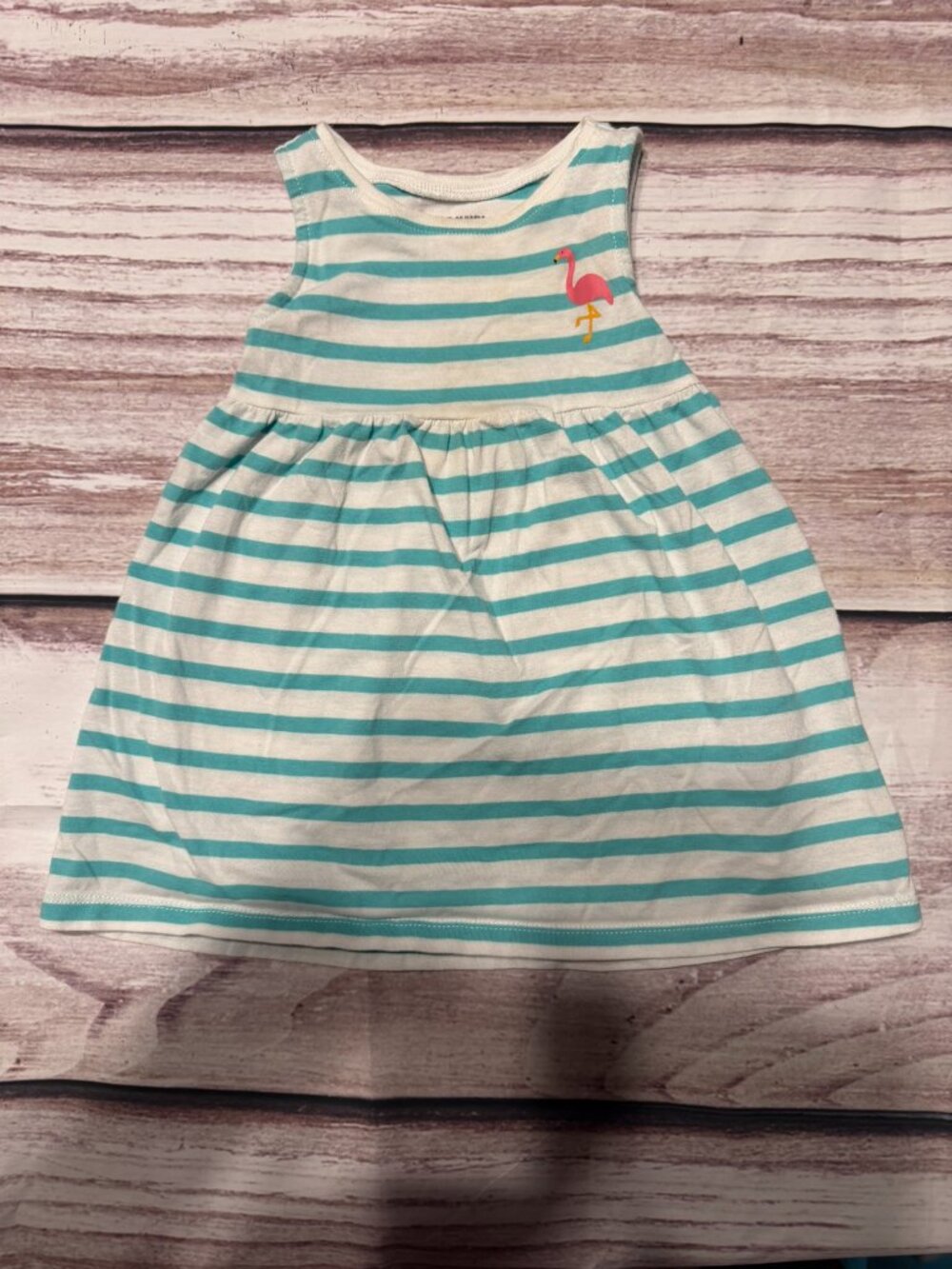 Girls Old Navy striped teal dress with flamingo graphic 6-12 months
